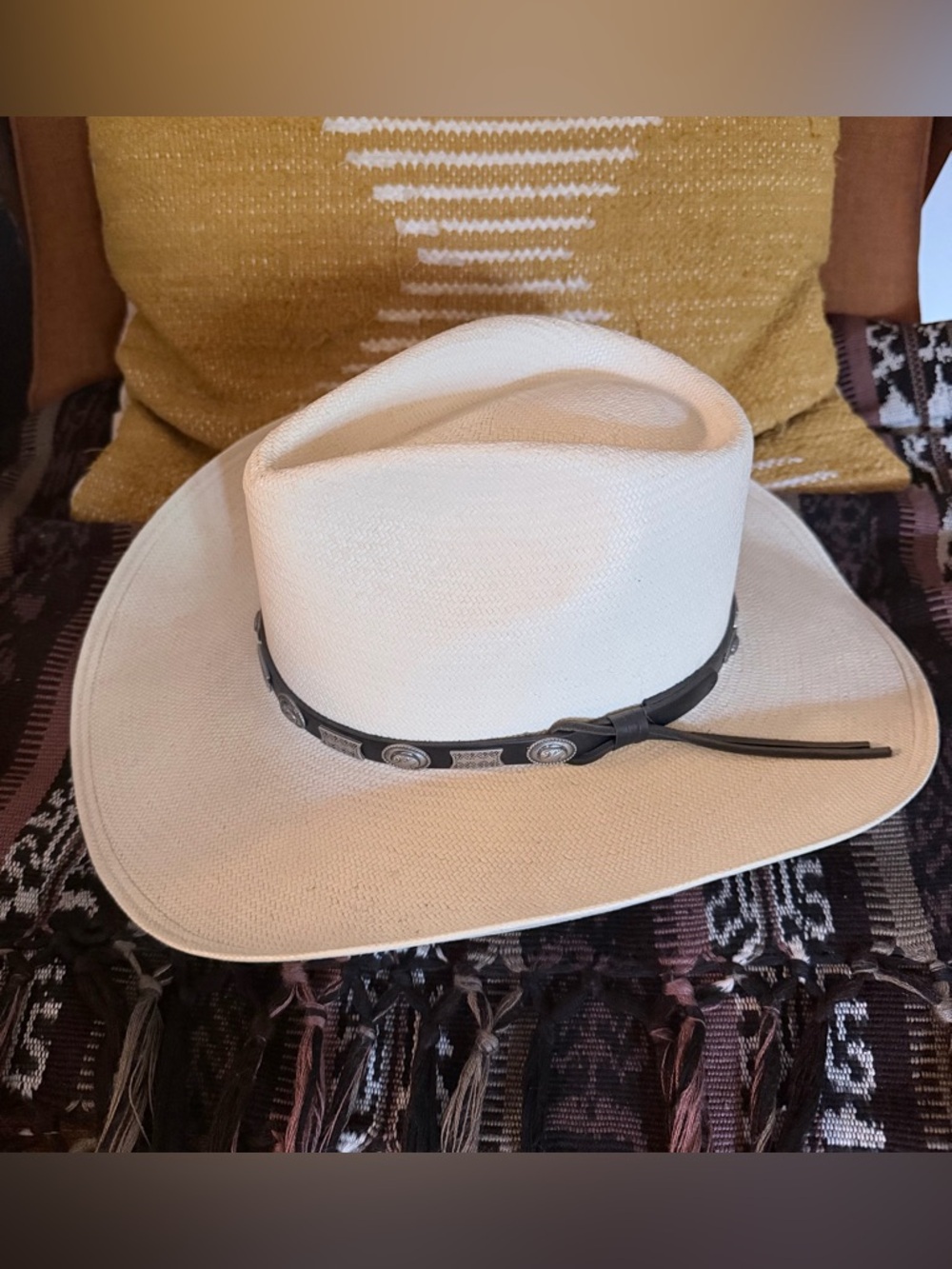 Stetson Firm Body Ivory Straw Cowboy Hat with Black Leather/Silver Band